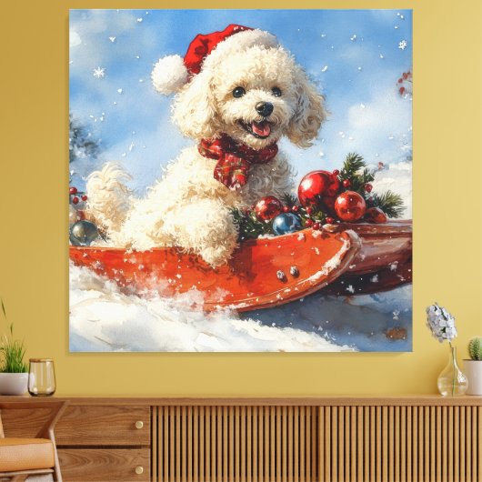 Poedel Hond in Sledge Laat het Sneeuw Kerstmis Canvas Afdruk (Insitu (Woonkamer))