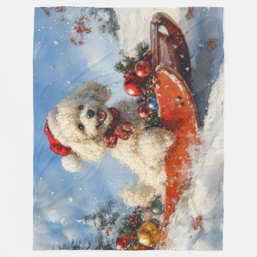 Poedel Hond in Sledge Laat het Sneeuw Kerstmis Fleece Deken (Voorkant)