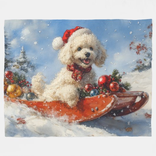 Poedel Hond in Sledge Laat het Sneeuw Kerstmis Fleece Deken (Voorkant (Horizontaal))