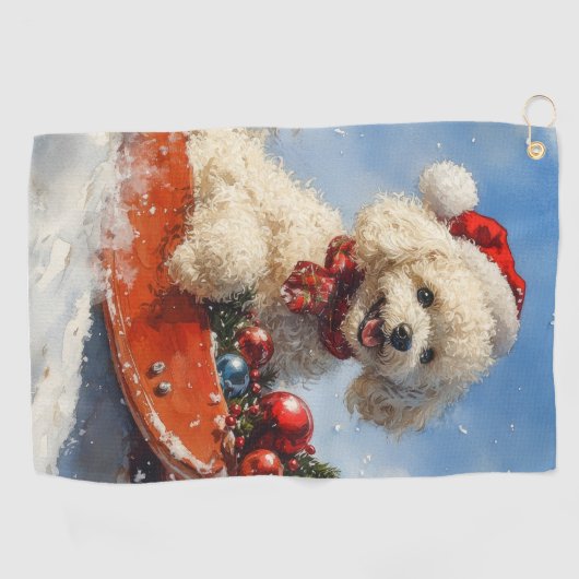Poedel Hond in Sledge Laat het Sneeuw Kerstmis Golfhanddoek (Horizontaal)