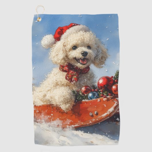 Poedel Hond in Sledge Laat het Sneeuw Kerstmis Golfhanddoek (Voorkant)