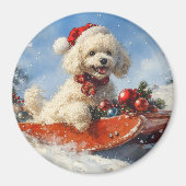 Poedel Hond in Sledge Laat het Sneeuw Kerstmis Magneet (Voorkant)
