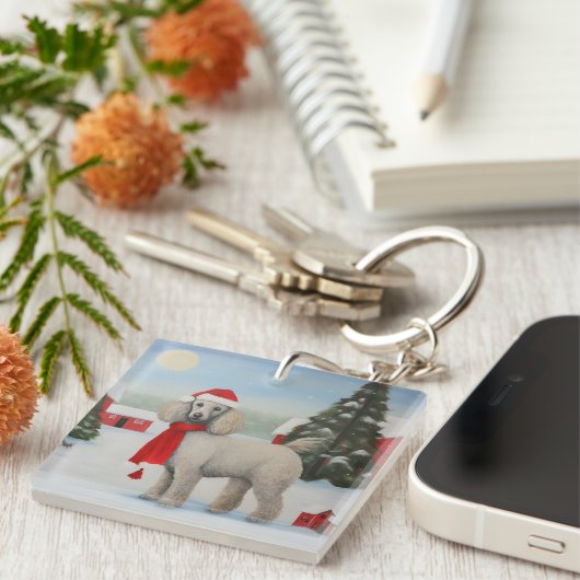 Poedel Hond in Sneeuw Kerstmis Sleutelhanger (Voorkant Rechts)