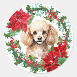 Poedel Hond Poinsettia Holly Kerstkrans Ronde Sticker
