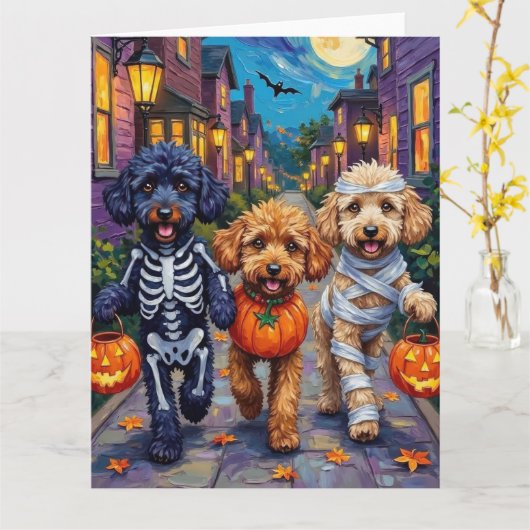 Poedel honden truc-of-behandelen Halloween kostuum Kaart (Gele Bloem)