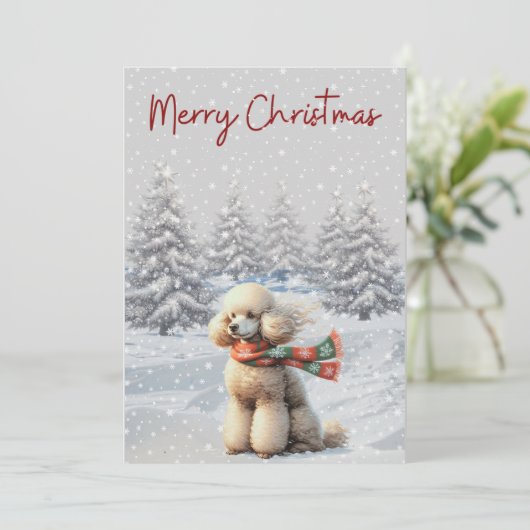 Poedel in de sneeuw kerstkaart (Staand voorkant)