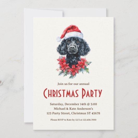 Poedel in een kerstmuts Black Dog Christmas Party Kaart (Voorkant)