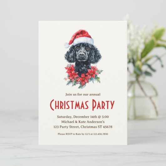 Poedel in een kerstmuts Black Dog Christmas Party Kaart (Staand voorkant)