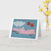 Poedel in Roze Cabriolet Kaart (Gele Bloem)