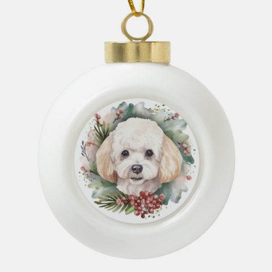 Poedel Kerstkrans Feestelijke Pup Keramische Bal Ornament (Voorkant)