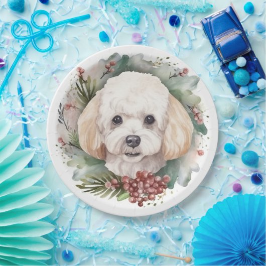 Poedel Kerstkrans Feestelijke Pup Papieren Bordje (Feest)