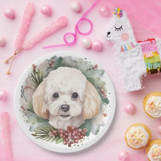 Poedel Kerstkrans Feestelijke Pup Papieren Bordje (Feest)