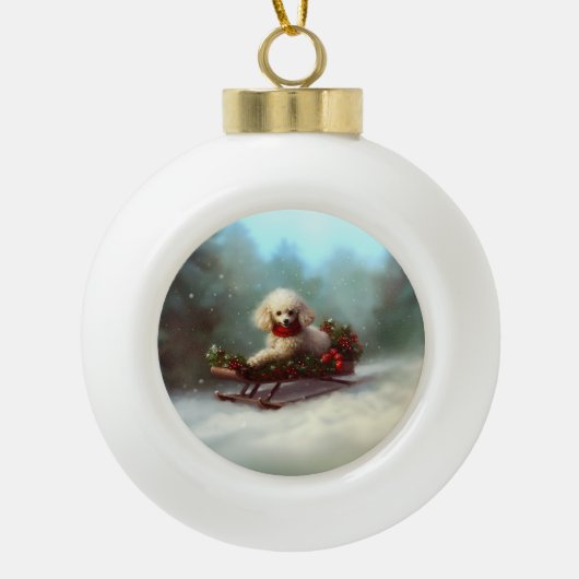 Poedel Kerstmis sneeuw winter Keramische Bal Ornament (Voorkant)