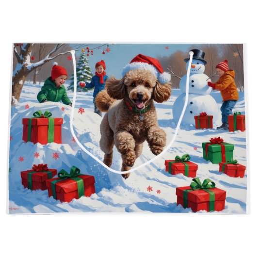 Poedel loopt in de sneeuw met kerst Pet Groot Cadeauzakje (Voorkant)