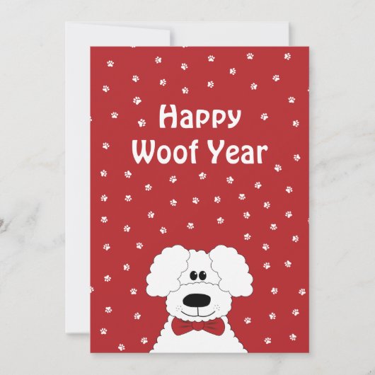 Poedel met een strik stropdas 'Happy Woof Year' Ke Feestdagenkaart (Voorkant)