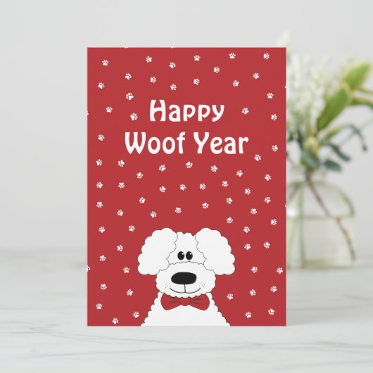 Poedel met een strik stropdas 'Happy Woof Year' Ke Feestdagenkaart (Staand voorkant)
