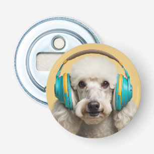 Poedel met hoofdtelefoon button flesopener