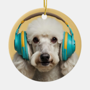 Poedel met hoofdtelefoon keramisch ornament