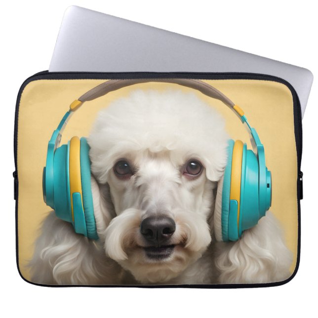 Poedel met hoofdtelefoon laptop sleeve (Voorkant)