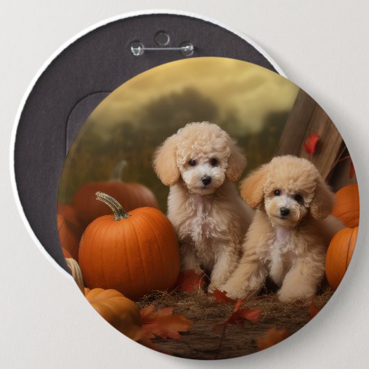 Poedel Puppy Herfst Delight Pompoen Ronde Button 6,0 Cm (Voorkant /achterkant)