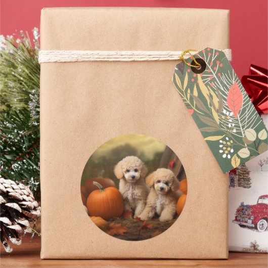 Poedel Puppy Herfst Delight Pompoen Ronde Sticker (Feestdagen)