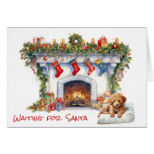 Poedel Puppy Wachten op Kerstmis open haard (Voorkant Horizontaal)