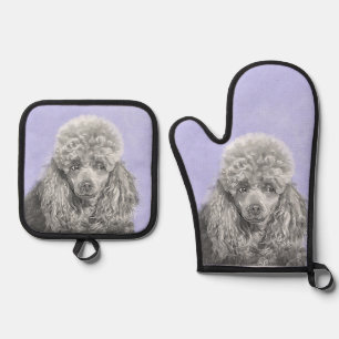 Poedel Schilderij Miniatuur Speelgoed Zilver Grijs Ovenwant & Pannenlap Set