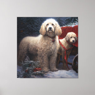 Poedel Snowy Sleigh Kerst Decor Canvas Afdruk
