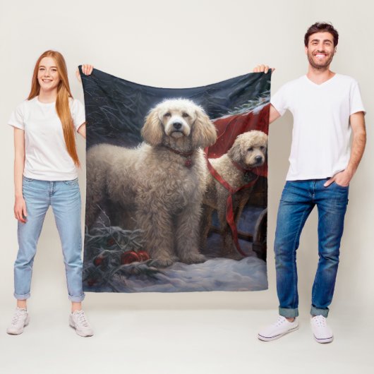 Poedel Snowy Sleigh Kerst Decor Fleece Deken (In situ)
