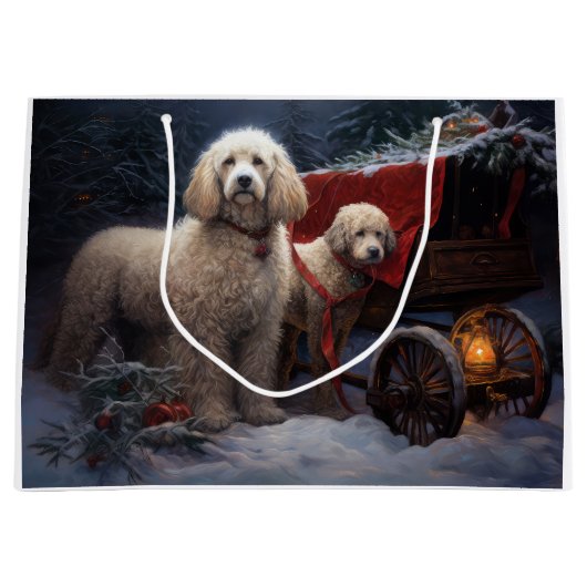 Poedel Snowy Sleigh Kerst Decor Groot Cadeauzakje (Voorkant)