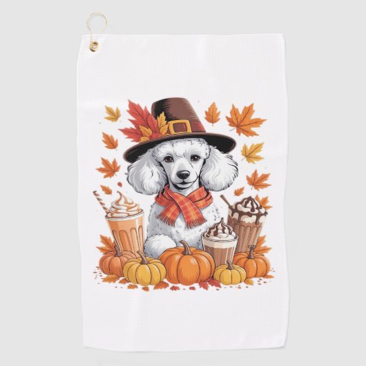 Poedel Thanksgiving Drink Coffee Fall Bladeren Pom Golfhanddoek (Voorkant)