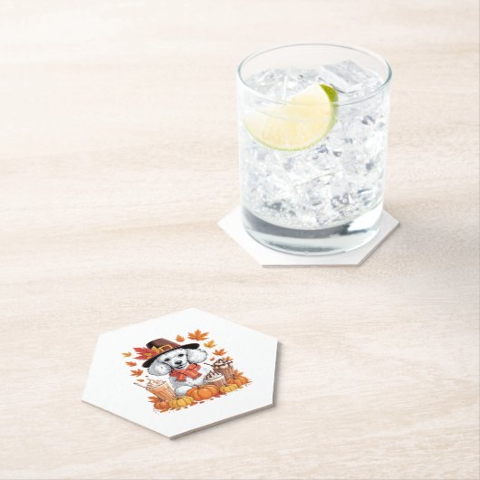 Poedel Thanksgiving Drink Coffee Fall Bladeren Pom Kartonnen Onderzetters (Insitu)