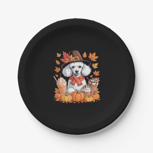 Poedel Thanksgiving Drink Coffee Fall Bladeren Pom Papieren Bordje (Voorkant)