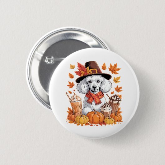 Poedel Thanksgiving Drink Coffee Fall Bladeren Pom Ronde Button 5,7 Cm (Voorkant /achterkant)