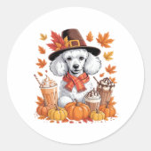 Poedel Thanksgiving Drink Coffee Fall Bladeren Pom Ronde Sticker (Voorkant)