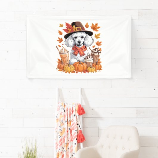 Poedel Thanksgiving Drink Coffee Fall Bladeren Pom Spandoek (Insitu)
