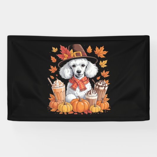 Poedel Thanksgiving Drink Coffee Fall Bladeren Pom Spandoek (Horizontaal)