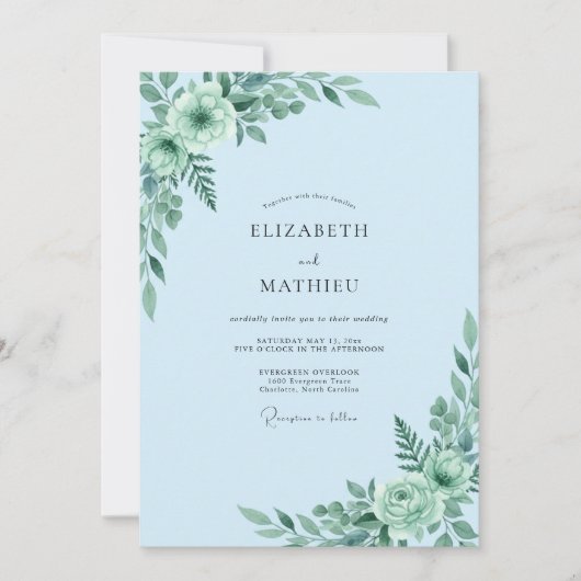 Poeder Aqua Eucalyptus Bruiloft Kaart (Voorkant)