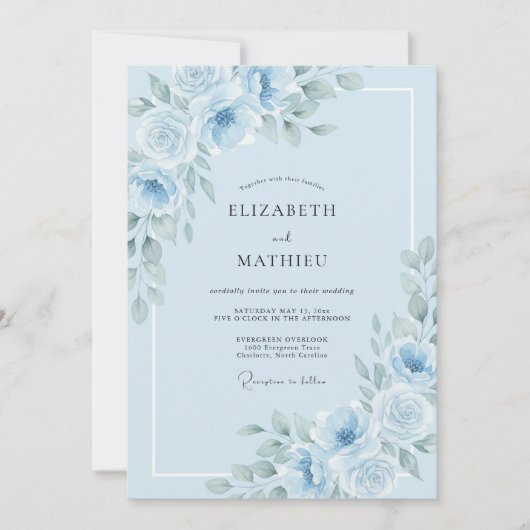 Poeder Azure Ranunculus Eucalyptus Bruiloft Kaart (Voorkant)
