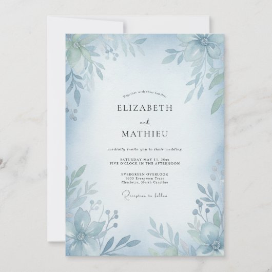 Poeder Azuur Gedempte Eucalyptus Bruiloft Kaart (Voorkant)