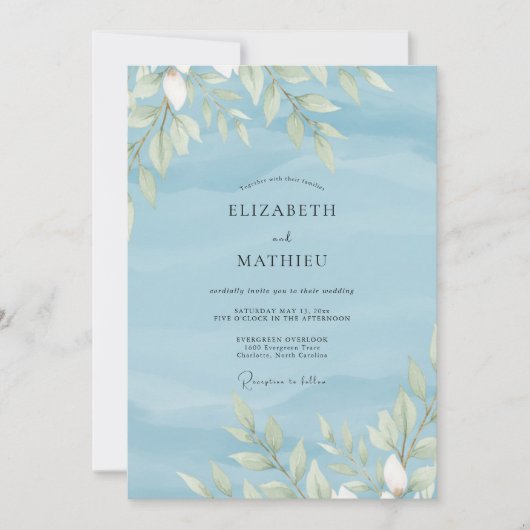 Poeder Azuur Loof Eucalyptus Bruiloft Kaart (Voorkant)