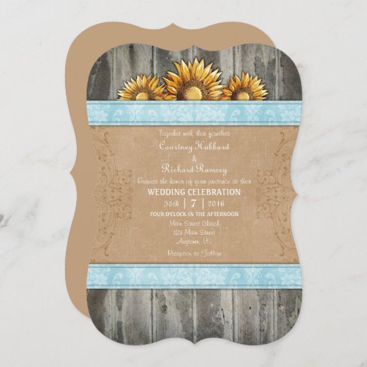 Poeder Blauw Bruin Rustiek Zonnebloem Bruiloft Uit Kaart (Voorkant / Achterkant)