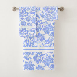 Poeder Blauw en Wit Bloemen Damast Bad Handdoek