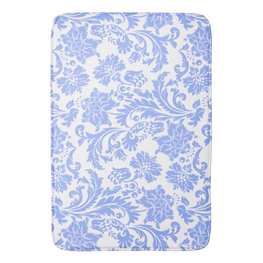 Poeder Blauw en Wit Bloemen Damast Badmat (Voorkant Verticaal)