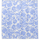 Poeder Blauw en Wit Bloemen Damast Douchegordijn (Voorkant)
