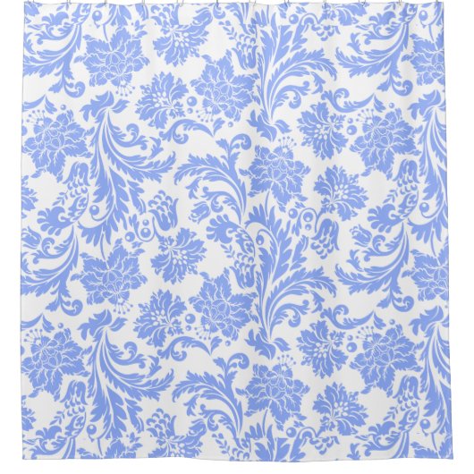 Poeder Blauw en Wit Bloemen Damast Douchegordijn (Voorkant)