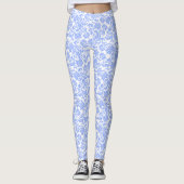 Poeder Blauw en Wit Bloemen Damast Leggings (Voorkant)