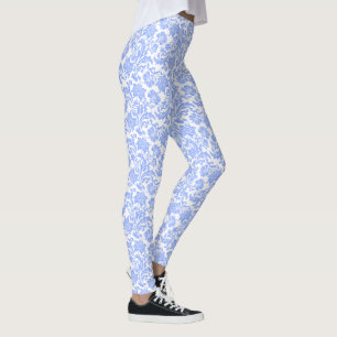Poeder Blauw en Wit Bloemen Damast Leggings