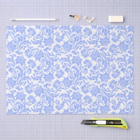 Poeder Blauw en Wit Bloemen Damast Tissuepapier (Craft)