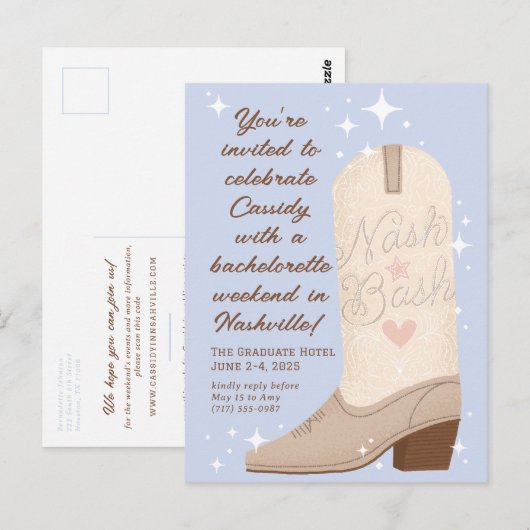 Poeder Blauw Nash Bash Cowgirl Boot Bachelorette Briefkaart (Voorkant / Achterkant)